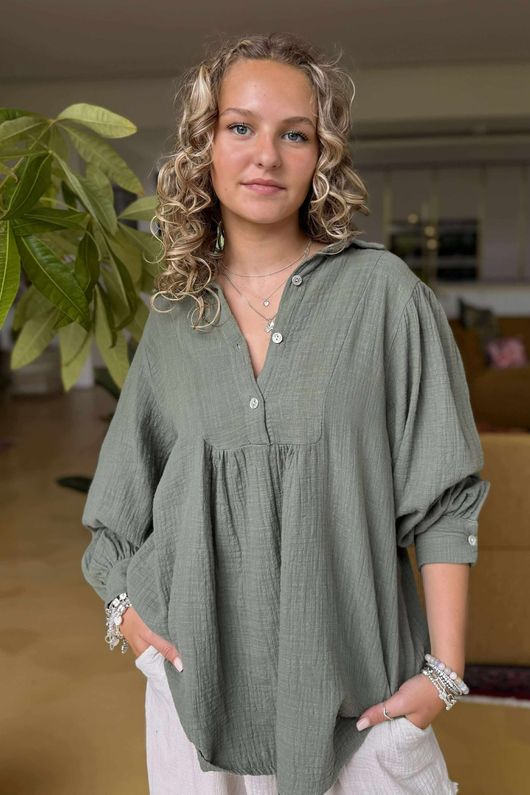 Made in Italy Santos Collared Peasant Smock Blouse Khaki